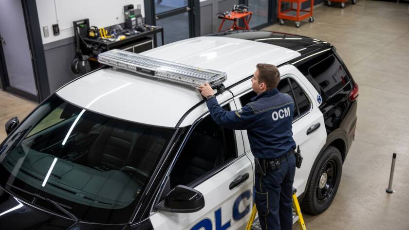 Full-Length Roof Light Bars installing by OCM upfitting company technician on Police Vehicle