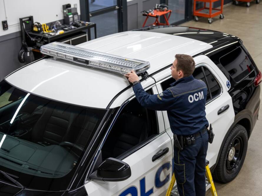 Full-Length Roof Light Bars installing by OCM upfitting company technician on Police Vehicle