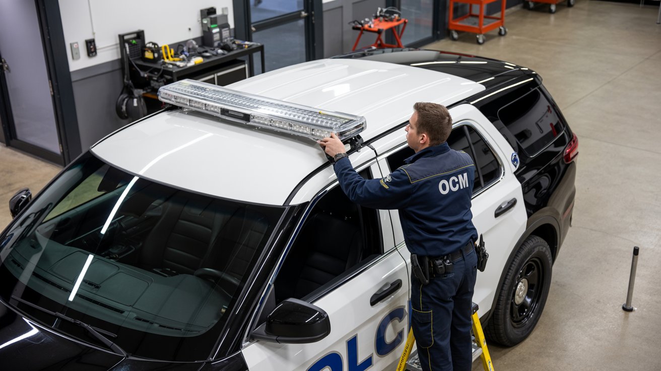 Full-Length Roof Light Bars installing by OCM upfitting company technician on Police Vehicle