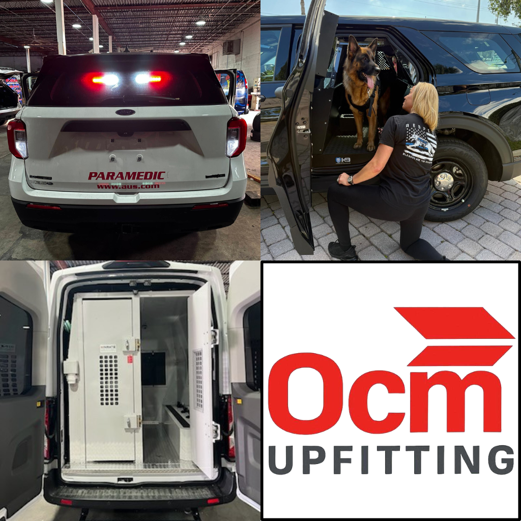Fleet vehicle upfitting collage showing paramedic SUV with emergency lights, K9 unit setup, custom cargo compartment, and OCM Upfitting branding.
