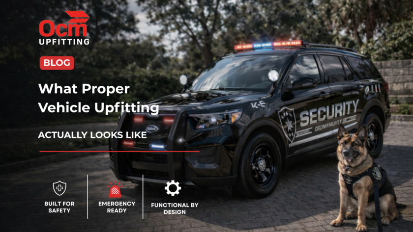 Security patrol vehicle with emergency lights and K9 unit, showcasing professional vehicle upfitting for safety, emergency readiness, and functional design by OCM Upfitting.