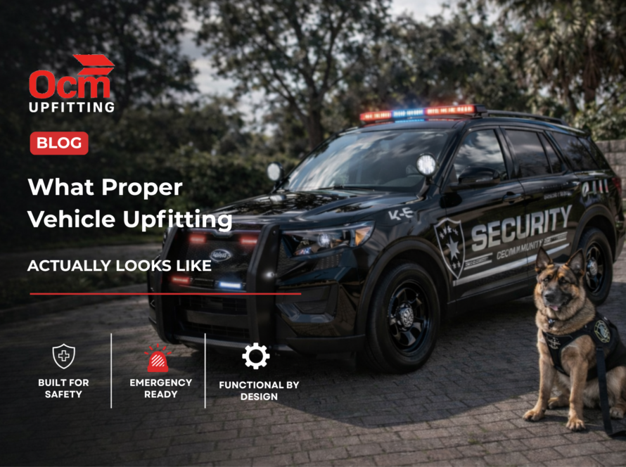 Security patrol vehicle with emergency lights and K9 unit, showcasing professional vehicle upfitting for safety, emergency readiness, and functional design by OCM Upfitting.