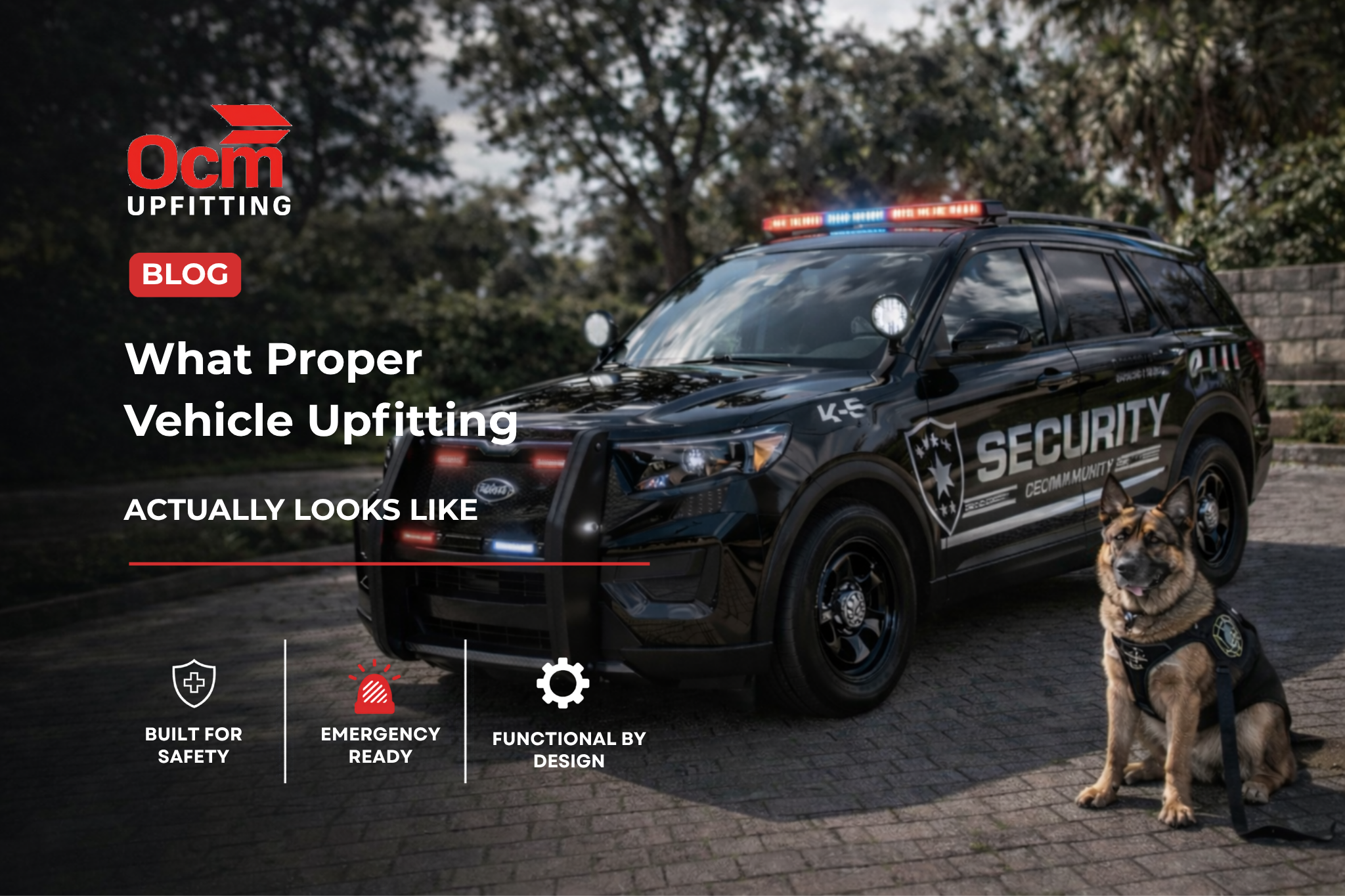 Security patrol vehicle with emergency lights and K9 unit, showcasing professional vehicle upfitting for safety, emergency readiness, and functional design by OCM Upfitting.