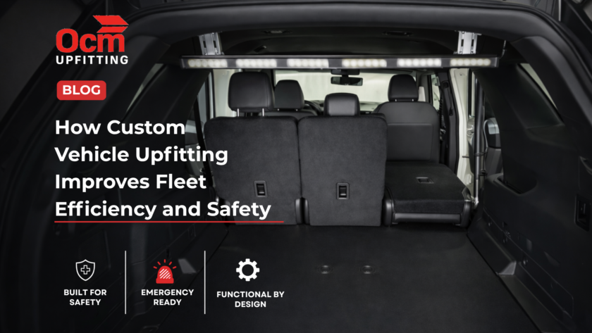Custom vehicle upfitting cargo area with integrated LED lighting and organized storage, designed to improve fleet efficiency, safety, and functionality by OCM Upfitting.