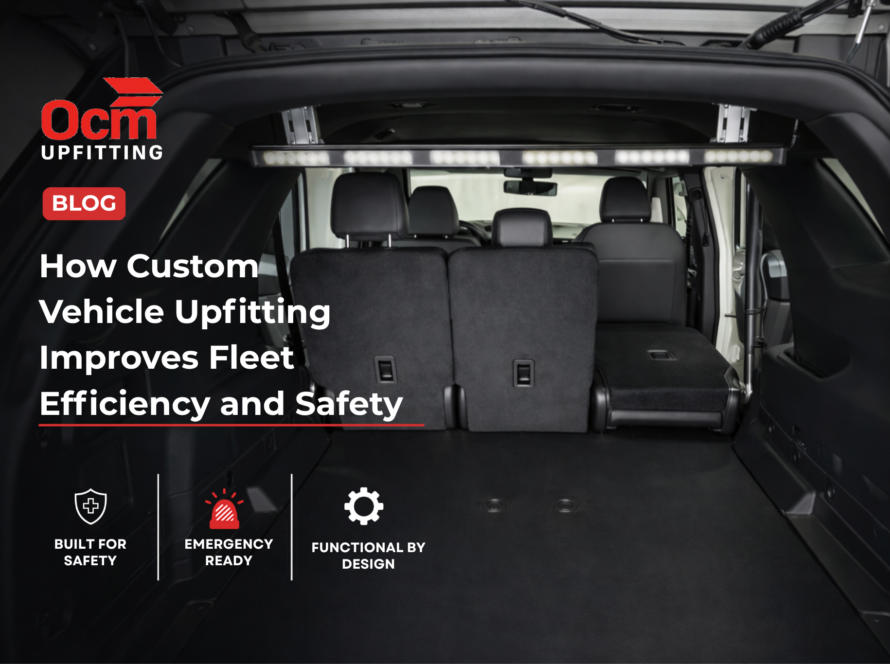 Custom vehicle upfitting cargo area with integrated LED lighting and organized storage, designed to improve fleet efficiency, safety, and functionality by OCM Upfitting.