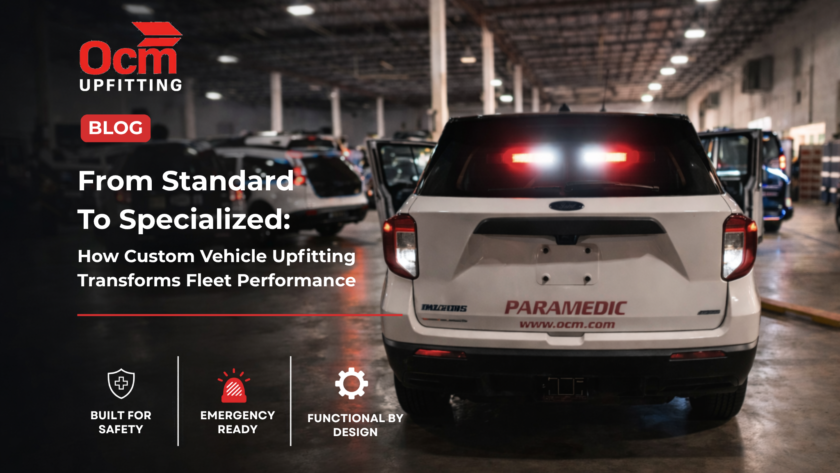 Paramedic response vehicle with emergency lights inside an upfitting facility, demonstrating custom vehicle upfitting for improved fleet performance, safety, and readiness by OCM Upfitting.