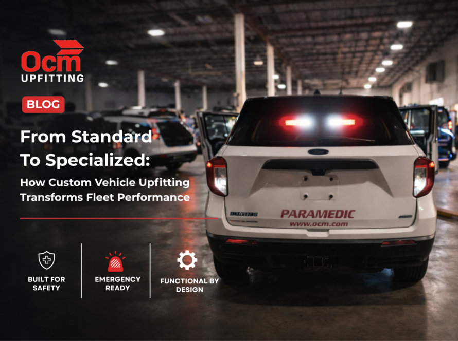 Paramedic response vehicle with emergency lights inside an upfitting facility, demonstrating custom vehicle upfitting for improved fleet performance, safety, and readiness by OCM Upfitting.
