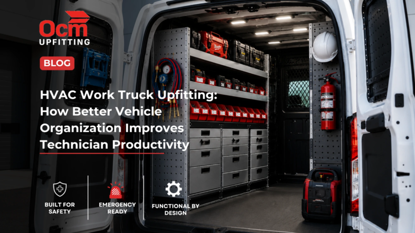 Organized commercial HVAC service van interior with custom metal shelving, labeled storage bins, tool drawers, mounted equipment, and LED lighting inside a clean white work van parked outside an industrial building.