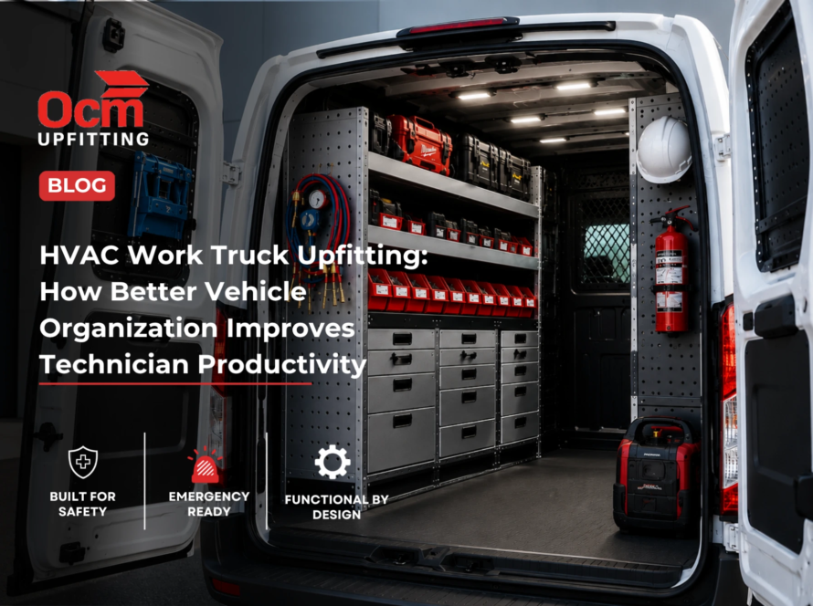 Organized commercial HVAC service van interior with custom metal shelving, labeled storage bins, tool drawers, mounted equipment, and LED lighting inside a clean white work van parked outside an industrial building.