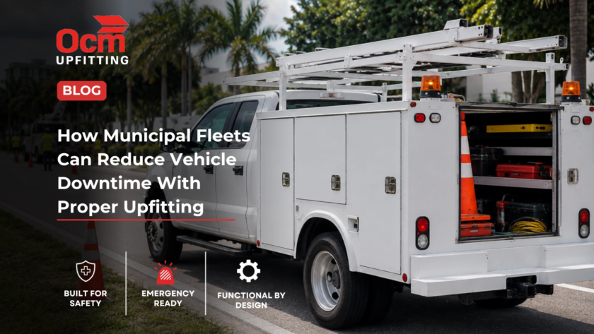 Professional municipal utility service truck parked roadside during active South Florida public works operations, featuring open organized tool compartments, traffic cones, utility workers in the background, and a clean well-maintained fleet vehicle under natural daylight.