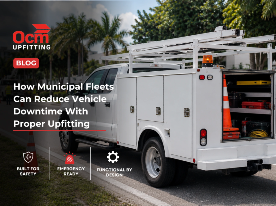 Professional municipal utility service truck parked roadside during active South Florida public works operations, featuring open organized tool compartments, traffic cones, utility workers in the background, and a clean well-maintained fleet vehicle under natural daylight.