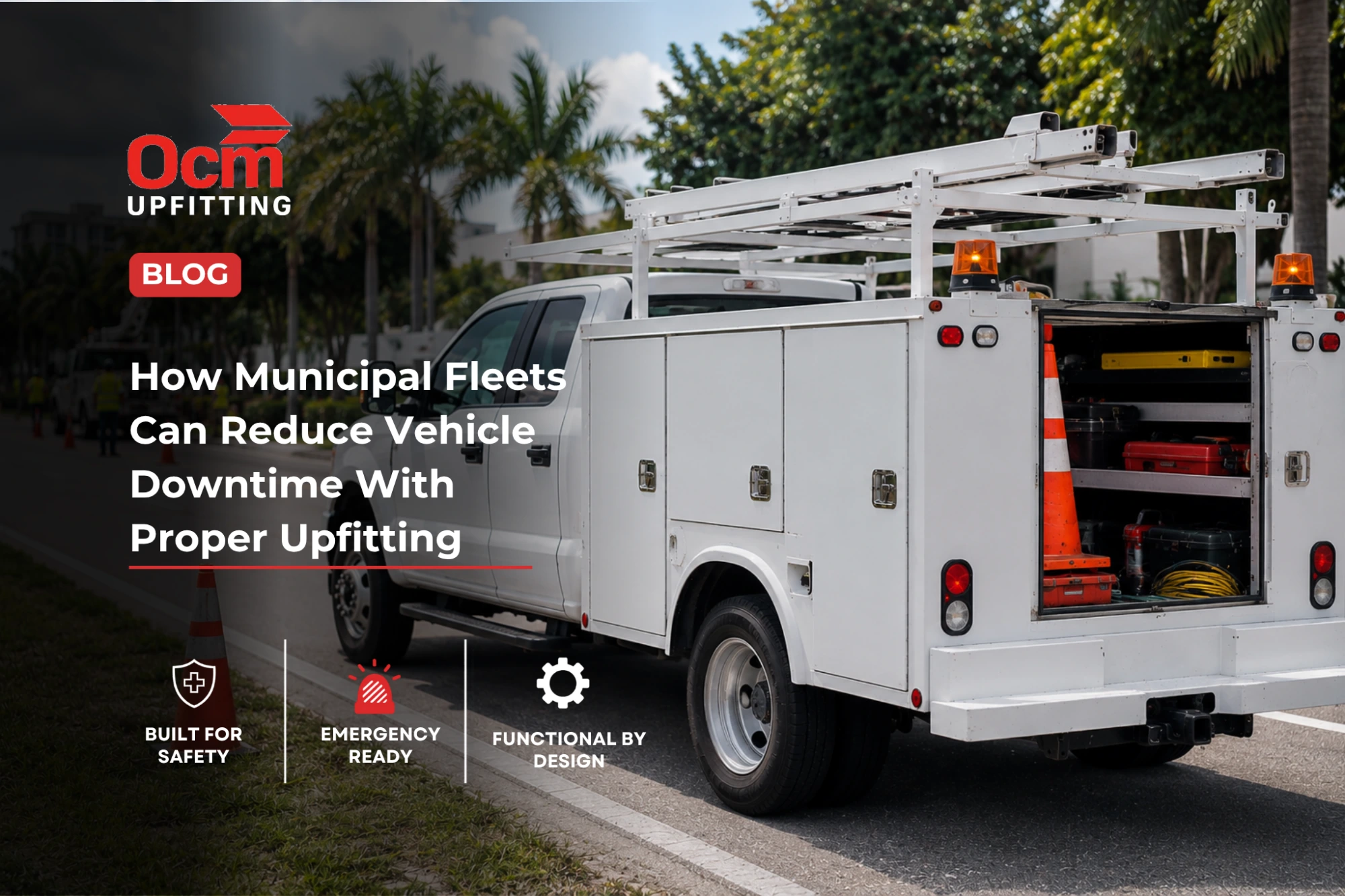 Professional municipal utility service truck parked roadside during active South Florida public works operations, featuring open organized tool compartments, traffic cones, utility workers in the background, and a clean well-maintained fleet vehicle under natural daylight.