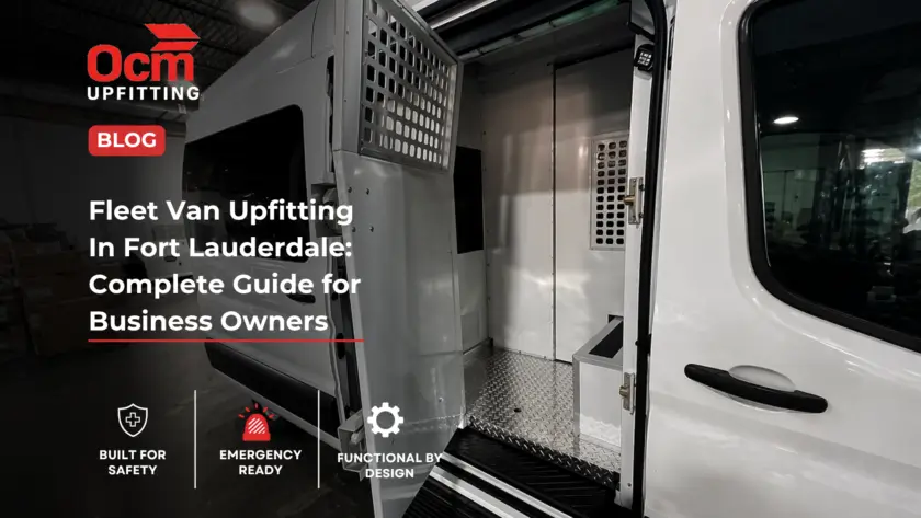 Fleet van upfitting interior with custom storage, safety partition, and organized workspace in Fort Lauderdale by OCM Upfitting