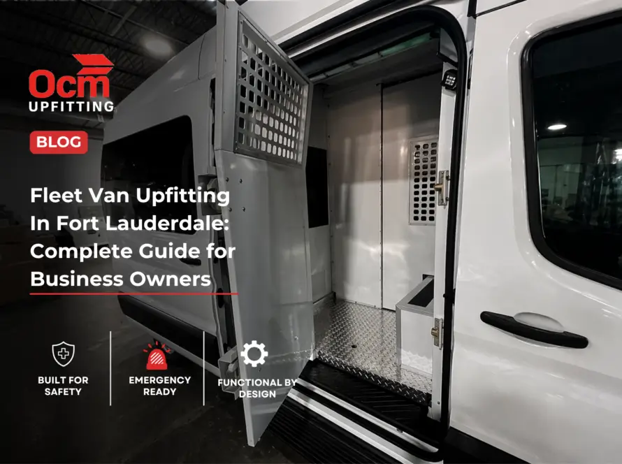 Fleet van upfitting interior with custom storage, safety partition, and organized workspace in Fort Lauderdale by OCM Upfitting
