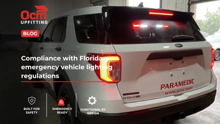 Florida police vehicle with red and blue emergency light bar parked in a palm-lined lot at sunset, showcasing compliant emergency lighting setup