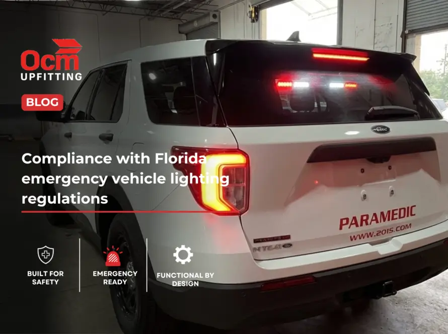 Florida police vehicle with red and blue emergency light bar parked in a palm-lined lot at sunset, showcasing compliant emergency lighting setup