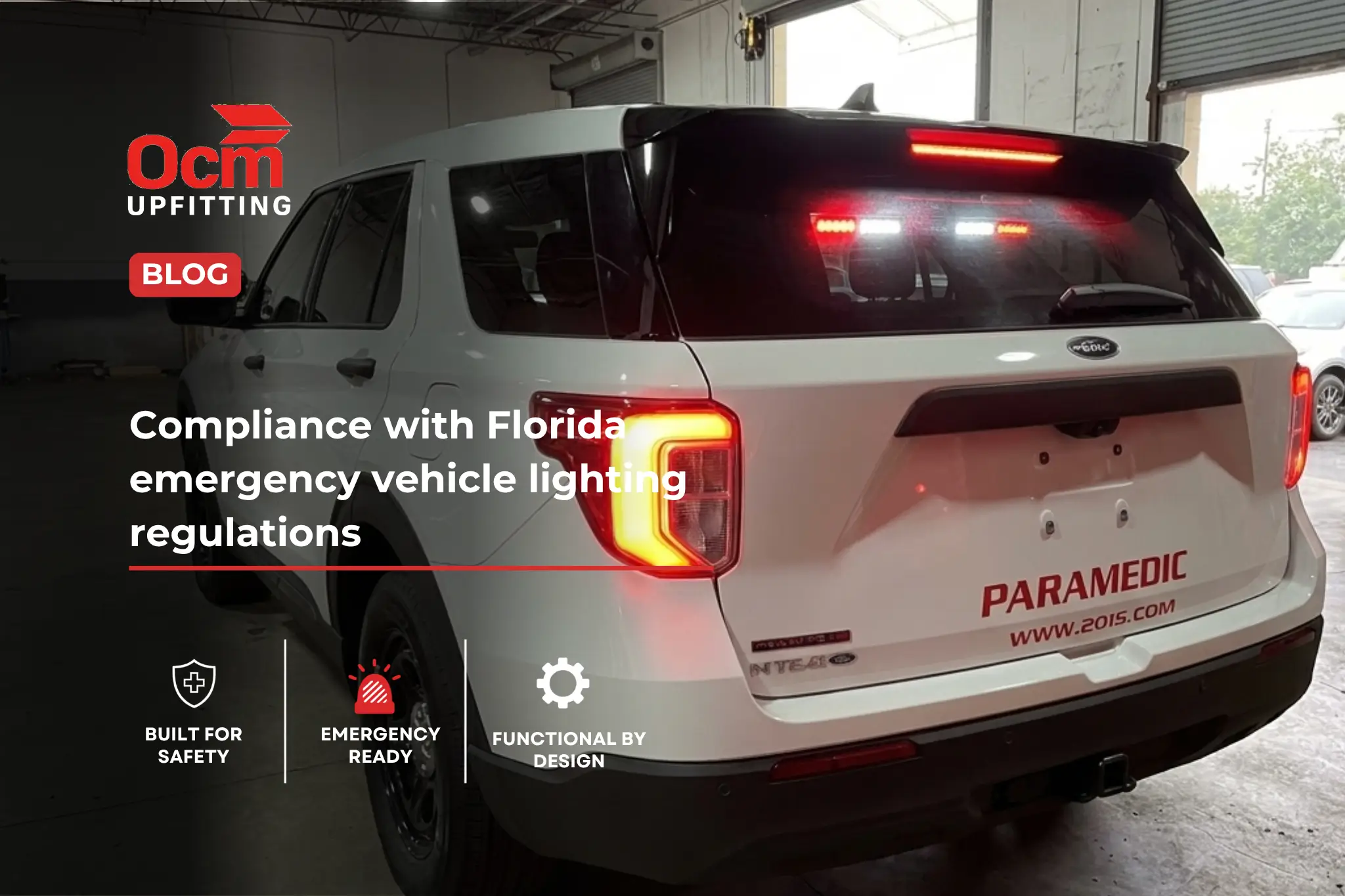 Florida police vehicle with red and blue emergency light bar parked in a palm-lined lot at sunset, showcasing compliant emergency lighting setup