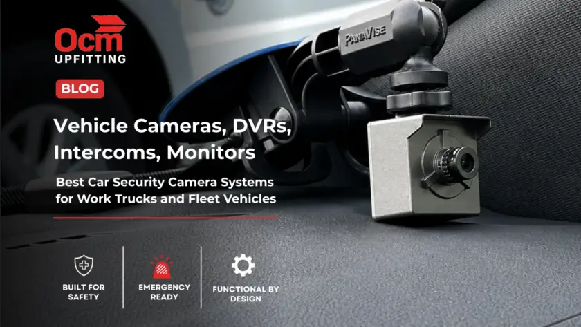 Close-up of a compact dashboard-mounted camera system installed inside a work vehicle, featuring a suction cup mount and mini camera near the windshield with a service van visible in the background.