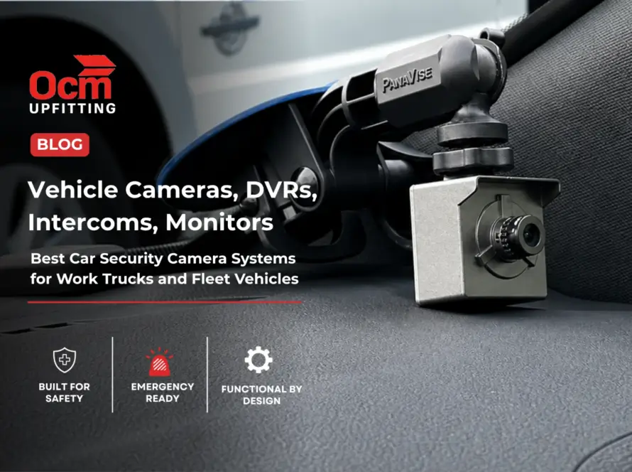 Close-up of a compact dashboard-mounted camera system installed inside a work vehicle, featuring a suction cup mount and mini camera near the windshield with a service van visible in the background.