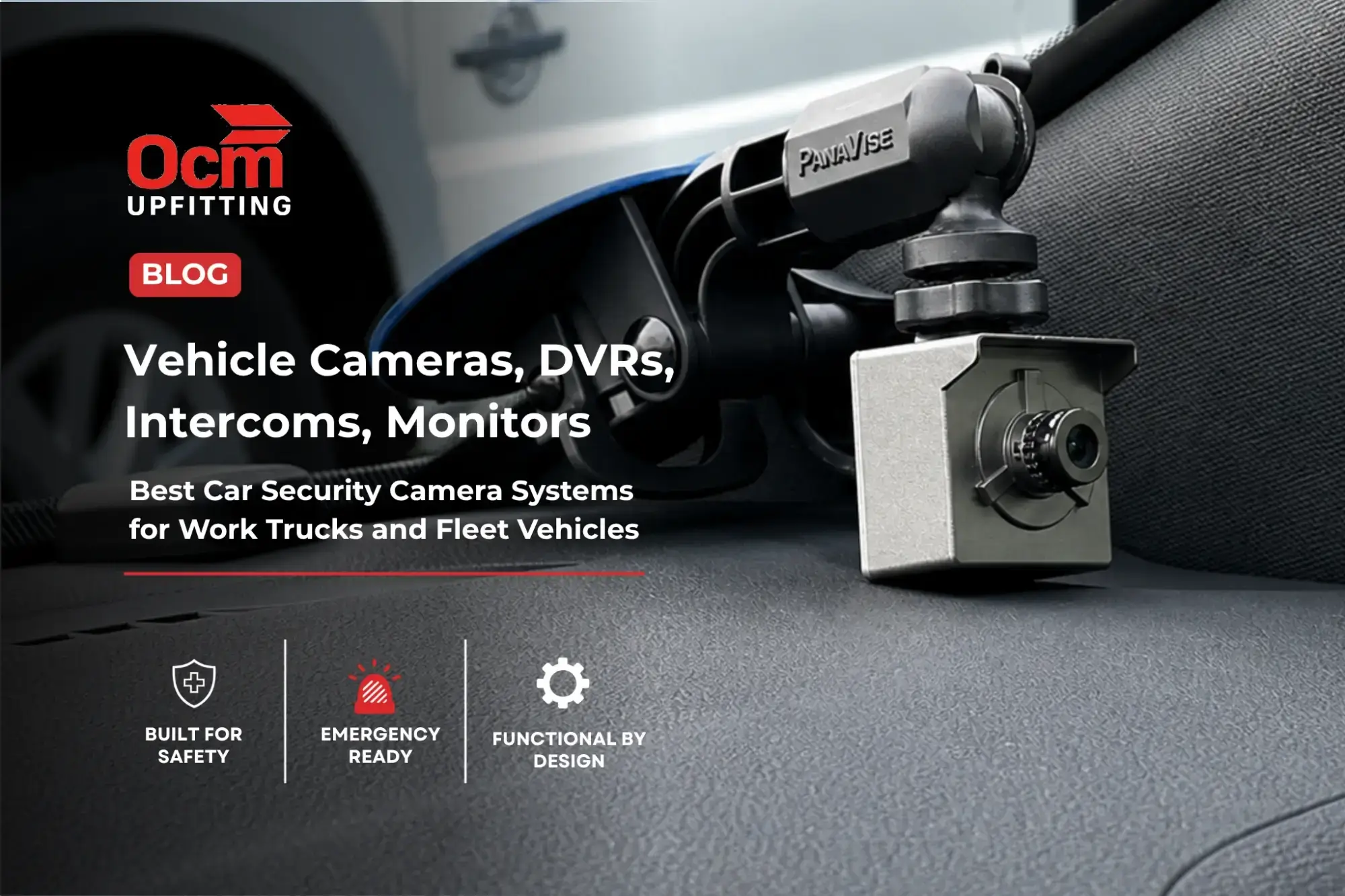 Close-up of a compact dashboard-mounted camera system installed inside a work vehicle, featuring a suction cup mount and mini camera near the windshield with a service van visible in the background.