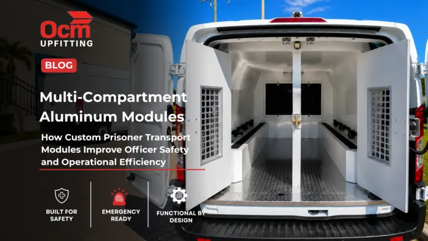 Landscape view of a white utility van with rear doors open, showcasing a clean aluminum-lined cargo interior with vented side panels, parked outside a commercial building under a bright blue sky.
