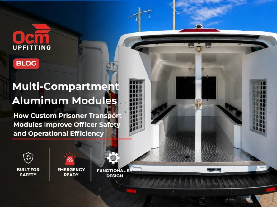 Landscape view of a white utility van with rear doors open, showcasing a clean aluminum-lined cargo interior with vented side panels, parked outside a commercial building under a bright blue sky.