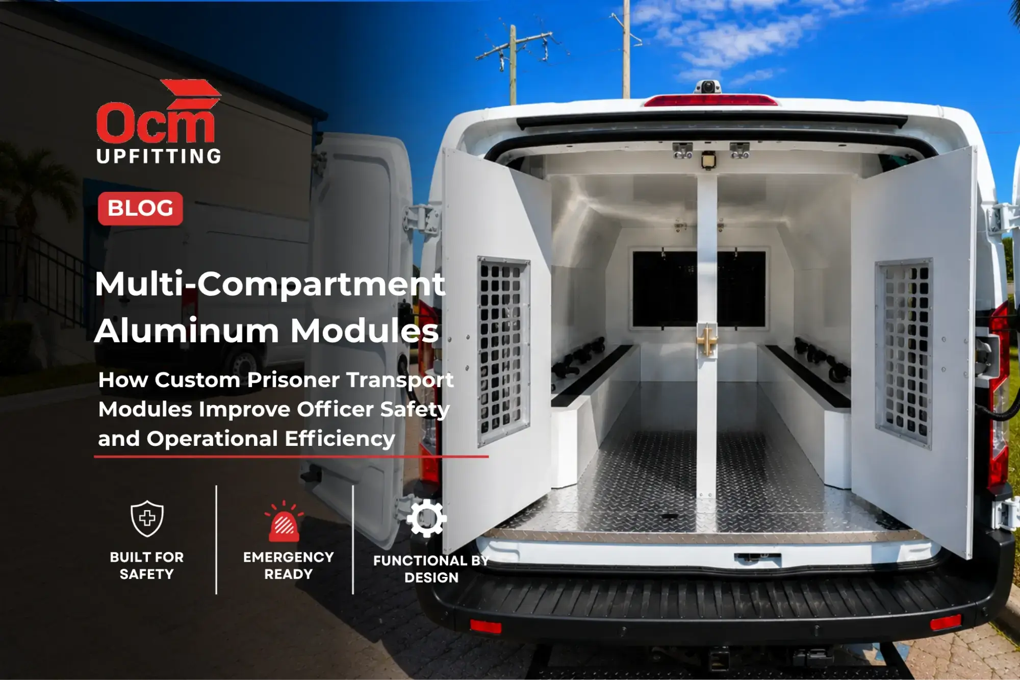 Landscape view of a white utility van with rear doors open, showcasing a clean aluminum-lined cargo interior with vented side panels, parked outside a commercial building under a bright blue sky.