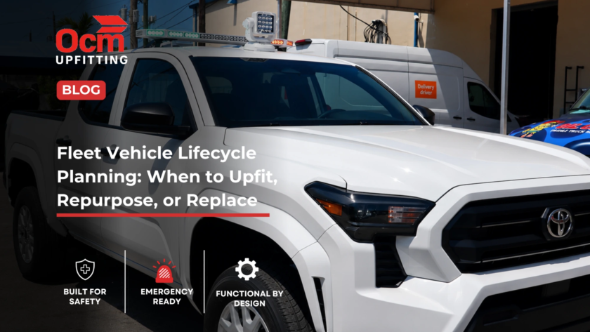 White fleet pickup truck equipped with utility lighting and work-ready upfits, illustrating fleet vehicle lifecycle planning decisions for businesses evaluating when to upfit, repurpose, or replace commercial vehicles to maximize productivity, safety, and long-term return on investment.