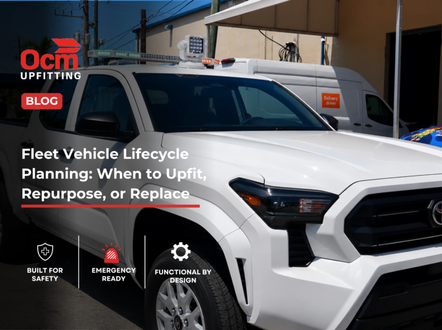 White fleet pickup truck equipped with utility lighting and work-ready upfits, illustrating fleet vehicle lifecycle planning decisions for businesses evaluating when to upfit, repurpose, or replace commercial vehicles to maximize productivity, safety, and long-term return on investment.