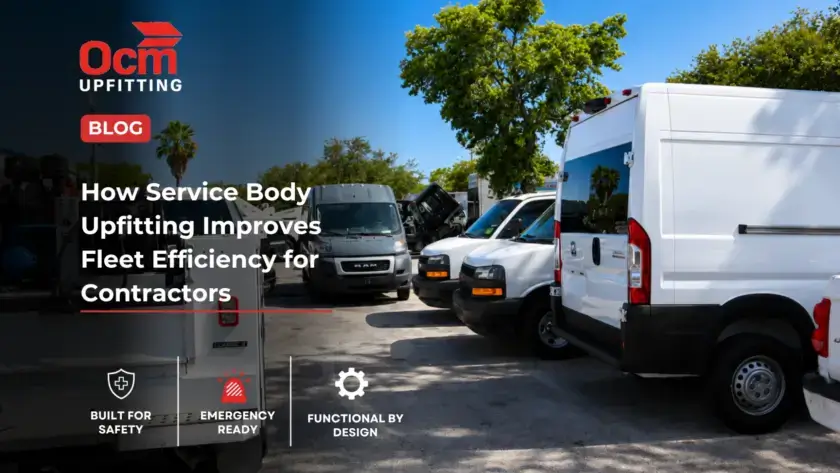 Professional contractor accessing organized service body compartments on a white utility truck with ladder racks and secure tool storage at a commercial job site.