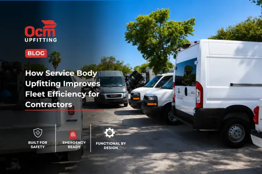 Professional contractor accessing organized service body compartments on a white utility truck with ladder racks and secure tool storage at a commercial job site.