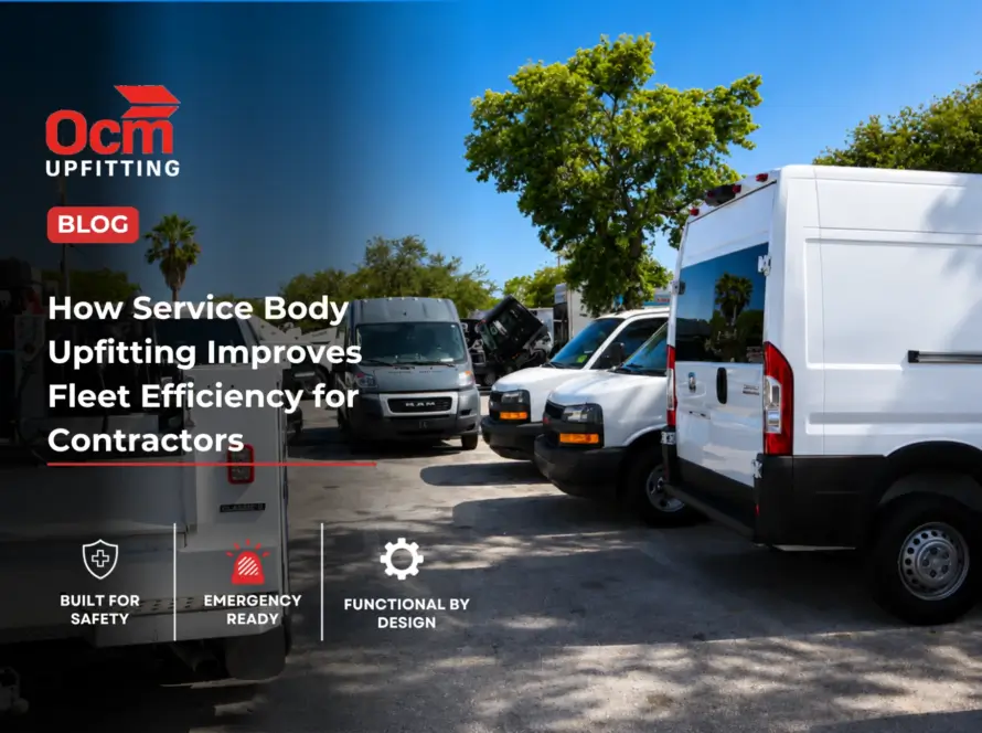 Professional contractor accessing organized service body compartments on a white utility truck with ladder racks and secure tool storage at a commercial job site.