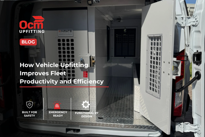 Interior of a professionally upfitted commercial work van featuring custom aluminum storage compartments, secure equipment cabinets, diamond plate flooring, and organized workspace solutions designed to improve fleet productivity, safety, and operational efficiency. OCM Upfitting branded blog graphic highlighting vehicle upfitting benefits for commercial fleets.