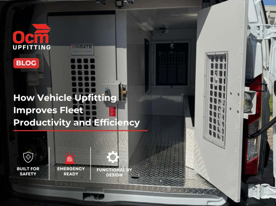 Interior of a professionally upfitted commercial work van featuring custom aluminum storage compartments, secure equipment cabinets, diamond plate flooring, and organized workspace solutions designed to improve fleet productivity, safety, and operational efficiency. OCM Upfitting branded blog graphic highlighting vehicle upfitting benefits for commercial fleets.