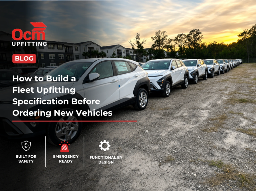 Long row of white fleet SUVs parked on a gravel lot at sunset, showcasing a newly delivered fleet vehicle lineup with uniform configuration, professional appearance, and a residential development in the background.