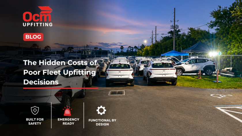 Large fleet of company vehicles parked in a commercial lot, highlighting the importance of strategic fleet upfitting decisions, fleet asset management, vehicle lifecycle planning, and cost-effective fleet operations to maximize productivity and reduce long-term ownership costs.