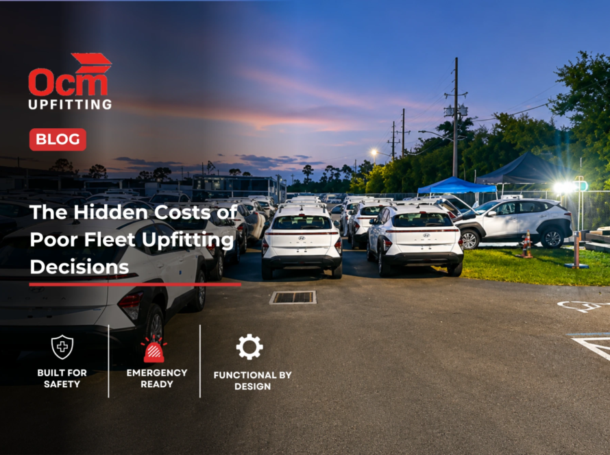 Large fleet of company vehicles parked in a commercial lot, highlighting the importance of strategic fleet upfitting decisions, fleet asset management, vehicle lifecycle planning, and cost-effective fleet operations to maximize productivity and reduce long-term ownership costs.