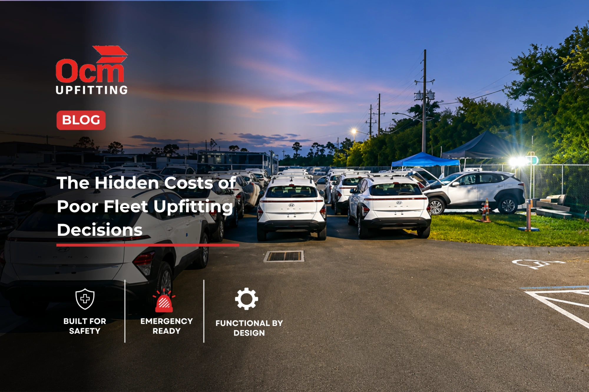 Large fleet of company vehicles parked in a commercial lot, highlighting the importance of strategic fleet upfitting decisions, fleet asset management, vehicle lifecycle planning, and cost-effective fleet operations to maximize productivity and reduce long-term ownership costs.