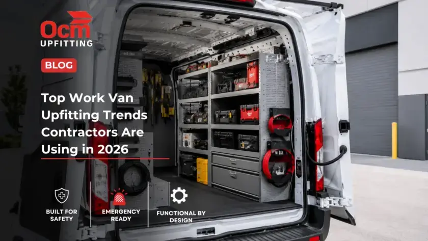 Professional white commercial work van with organized shelving, secure tool storage, mounted equipment, and contractor-ready cargo management parked outside a modern industrial facility in daylight.