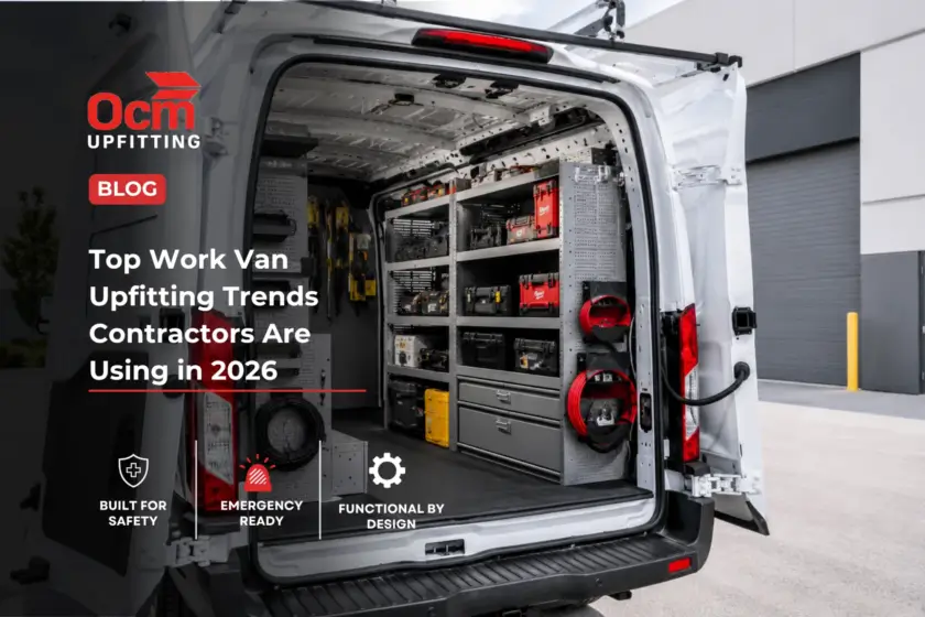 Professional white commercial work van with organized shelving, secure tool storage, mounted equipment, and contractor-ready cargo management parked outside a modern industrial facility in daylight.