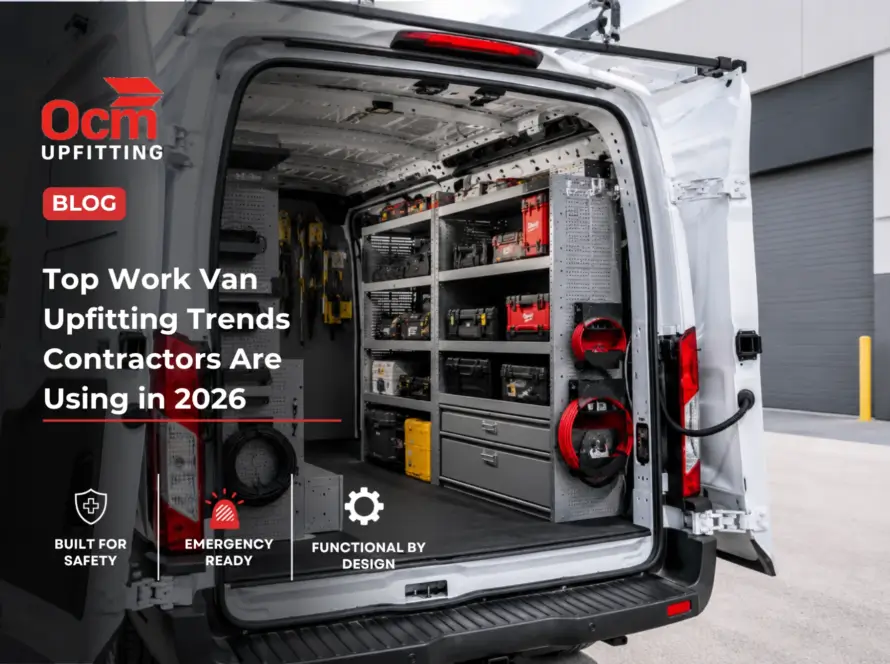 Professional white commercial work van with organized shelving, secure tool storage, mounted equipment, and contractor-ready cargo management parked outside a modern industrial facility in daylight.