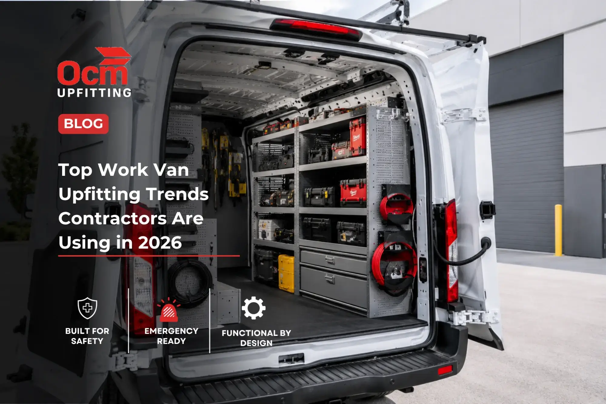 Professional white commercial work van with organized shelving, secure tool storage, mounted equipment, and contractor-ready cargo management parked outside a modern industrial facility in daylight.