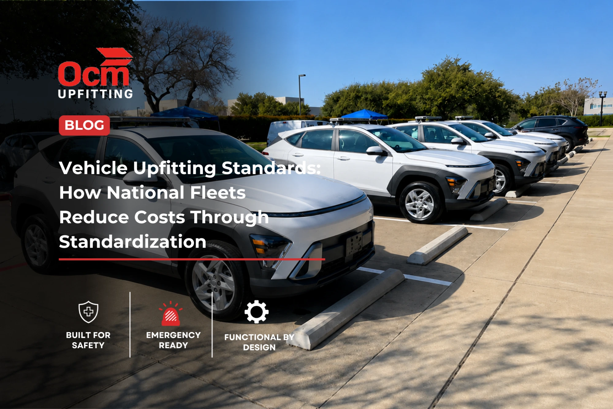 Row of white Allied Universal security fleet SUVs parked in a clean outdoor parking lot under a clear blue sky, showcasing standardized fleet vehicles equipped with roof-mounted emergency lighting and professional fleet branding.