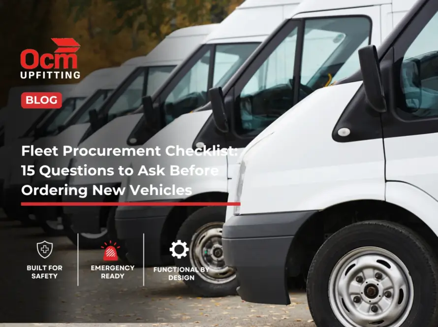 OCM Upfitting fleet procurement checklist graphic featuring commercial vans and 15 questions to ask before ordering new fleet vehicles.