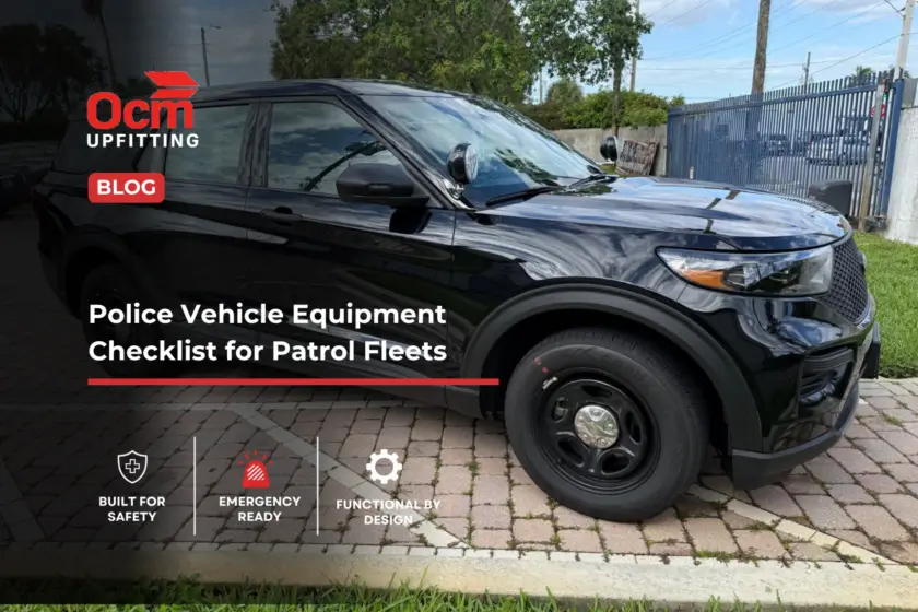 Black police SUV with emergency lights featured in OCM Upfitting’s police vehicle equipment checklist for patrol fleets.