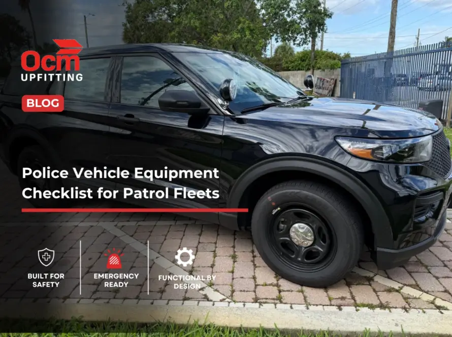 Black police SUV with emergency lights featured in OCM Upfitting’s police vehicle equipment checklist for patrol fleets.