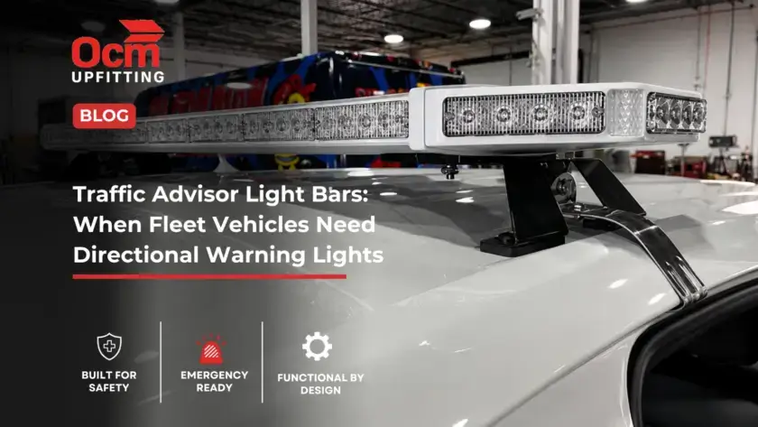 Close-up of an emergency vehicle LED light bar professionally installed on a fleet vehicle roof to improve visibility, safety, and emergency response performance.