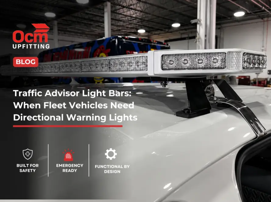 Close-up of an emergency vehicle LED light bar professionally installed on a fleet vehicle roof to improve visibility, safety, and emergency response performance.