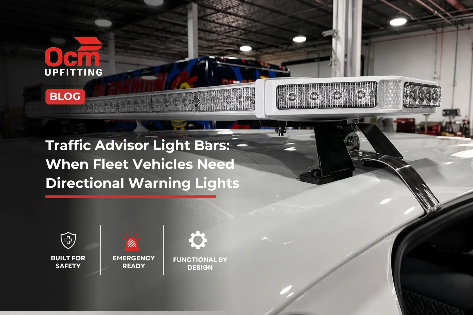 Close-up of an emergency vehicle LED light bar professionally installed on a fleet vehicle roof to improve visibility, safety, and emergency response performance.
