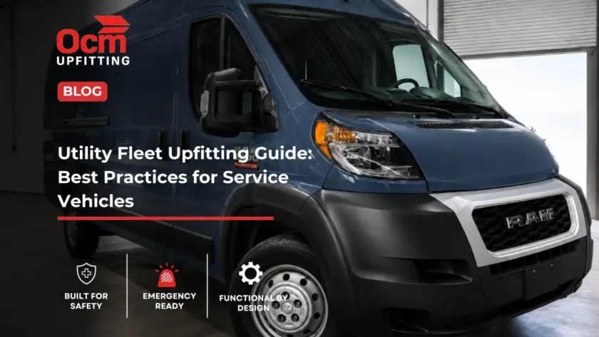Clean blue RAM ProMaster cargo van inside a professional upfitting shop for commercial fleet vehicle customization and service van equipment installation.